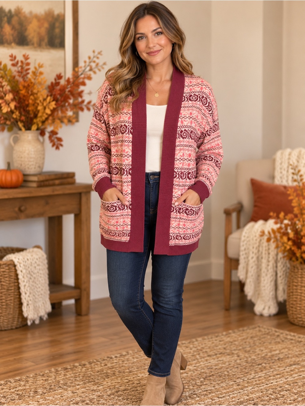 Matilda Jane Pink Burgundy Fair Isle Knit Open-Front Cardigan Sweater Size M